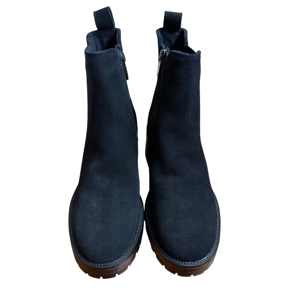 La Canadienne Black Wave Suede Ankle Boots Lug Sole Block Heel Zip 6/36